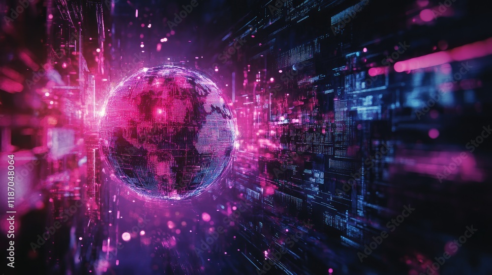 Poster vibrant cyberpunk abstract background featuring a globe and digital data connections for networking 
