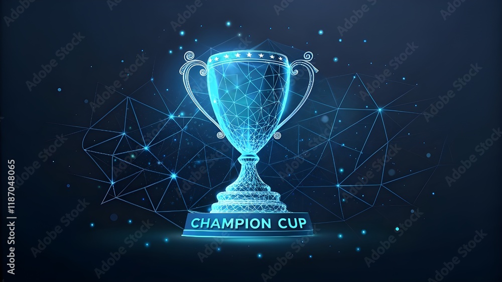 Poster abstract image of a champion cup in the form of a starry sky or space, consisting of points, lines, 