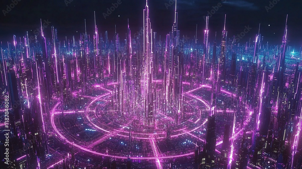 Poster neon 3d city grid animation with microchip elements and spinning lines