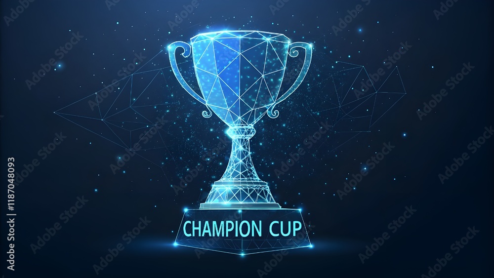 Poster abstract image of a champion cup in the form of a starry sky or space, consisting of points, lines, 