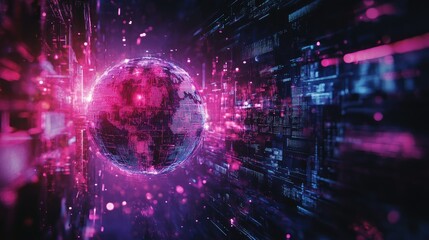 Fototapeta premium Vibrant Cyberpunk Abstract Background Featuring a Globe and Digital Data Connections for Networking and Communication Visuals