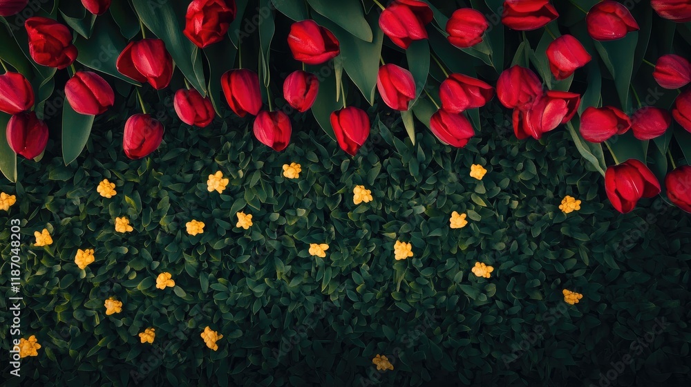Poster aerial view of colorful tulips and foliage with ample space for text or branding in a serene natural