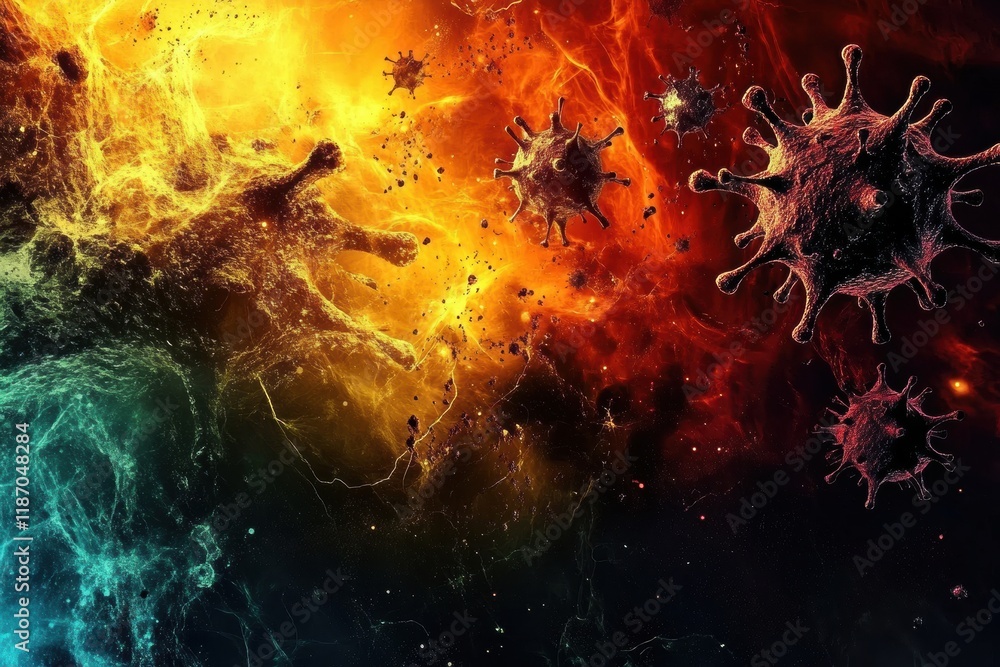 Poster Visual representation of antibodies engaging with viruses in a dynamic and colorful environment. Generative AI