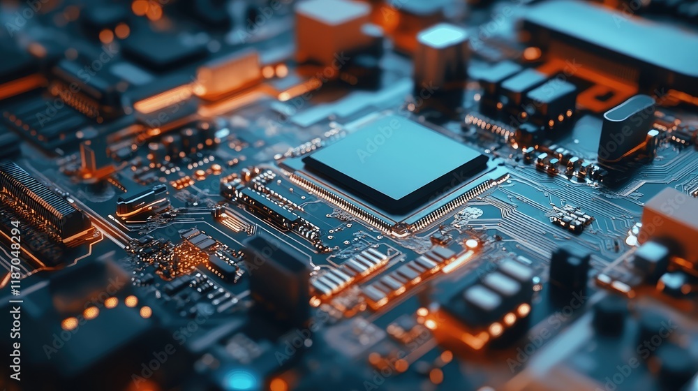 Poster close-up of advanced electronic circuit board with illuminated components and intricate design showc
