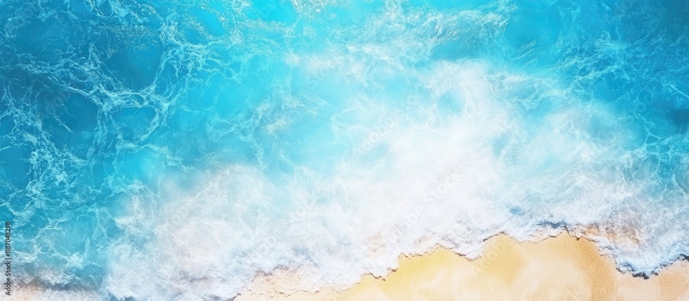 Poster aerial view of tranquil light blue ocean and sky with sandy beach creating a serene backdrop for tex