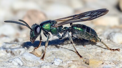 Naklejka premium Amata Huebneri macro shot detailed close-up of stinging wasp with blurred background showcasing vivid colors and intricate anatomy
