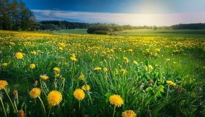 Obraz premium wild flora of buttercups and dandelion on green grass in meadow in beauty in nature landscape summer season or spring plants extensive layout close up colorful stunning summer time flower background