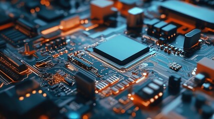 Close-up of advanced electronic circuit board with illuminated components and intricate design showcasing modern technology and innovation
