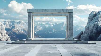 abstract architectural design in 3d rendering showcasing an ancient inspired structure with an expansive empty parking area, concrete flooring, and a stunning backdrop of mountains and open sky.