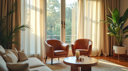 Fototapeta premium sunlit living room features two brown leather armchairs cream-colored sofas.
