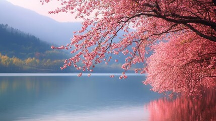 Serene cherry blossom tree by tranquil lake with mountains in the background capturing the beauty of nature in springtime serenity