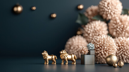 beautifully arranged set of golden lion figurines with decorative flowers and ornaments, creating elegant and festive atmosphere