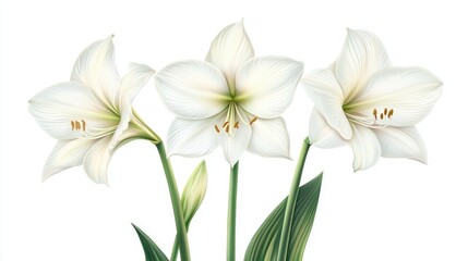 Fototapeta premium Elegant White Amaryllis Flowers in Bloom with Lush Green Leaves and Delicate Petals on a Bright Background
