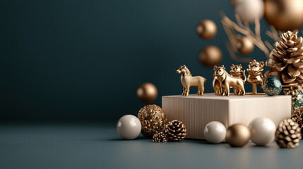 beautifully arranged set of golden Chinese zodiac animal figures on decorative box, surrounded by elegant ornaments and pine cones, creating festive atmosphere