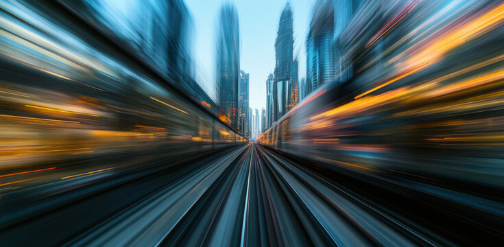 Vibrant city skyline appears blurred as a train speeds through the urban landscape, showcasing modern architecture against a twilight backdrop. The energy of the city is palpable.