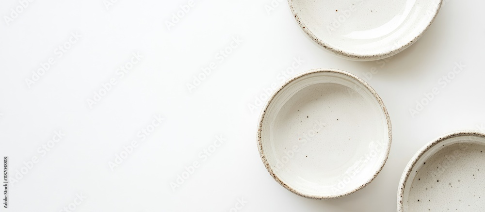 Poster minimalist top view of empty white ceramic plates on white background ideal for culinary design and 