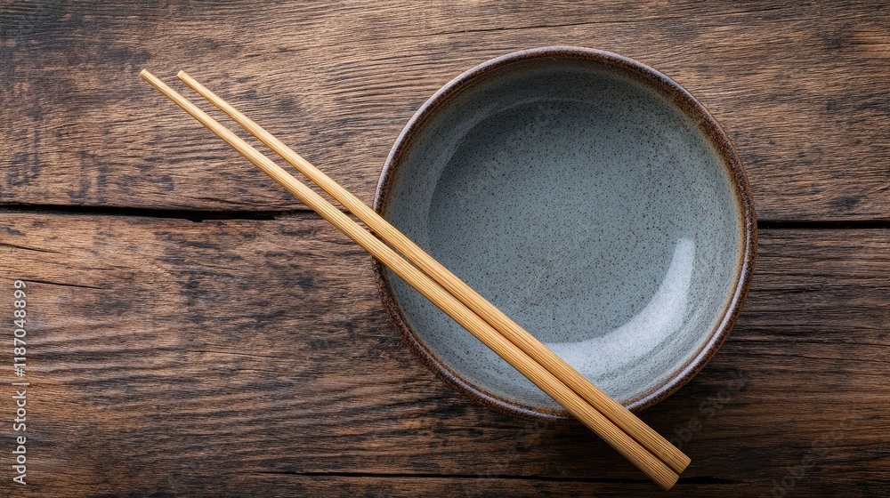 Poster bamboo chopsticks resting on a rustic wood table beside an empty bowl creating a minimalist dining s