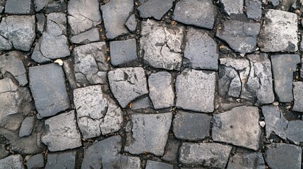 Obraz premium Asphalt Road Surface Texture with Cracked Square Paving Stones for Urban and Construction Backgrounds