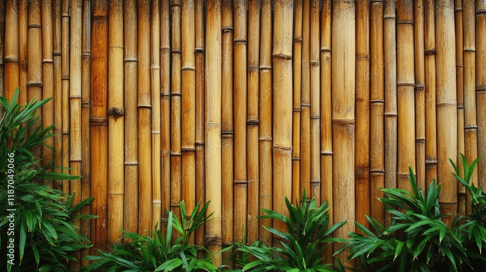 Poster bamboo fence texture with lush green plants creating a natural and serene background for design and 