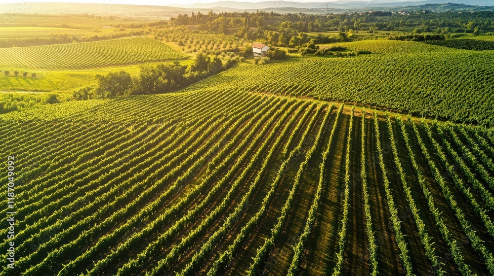 Aufkleber aerial view of expansive vineyards in the countryside with lush greenery and open space for text pla