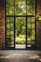 Elegant glass doors frame a serene view of a lush garden surrounded by trees in a tranquil outdoor setting during daylight