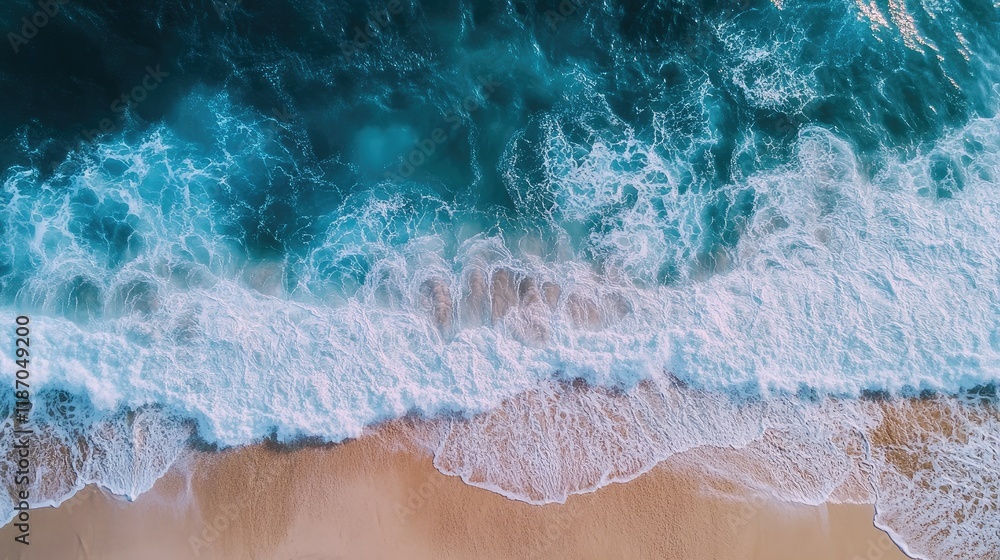 Poster aerial view of ocean waves crashing on sandy beach with clear space for text or graphics in vibrant 