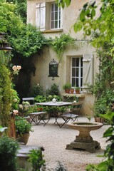 Tranquil garden courtyard with blooming flowers and rustic seating, inviting relaxation under a lush canopy of greenery during a sunny afternoon