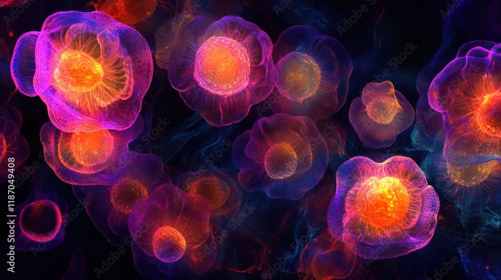 Poster cancer cells with glowing edges revealed through advanced imaging technology under dark conditions. 
