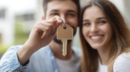 Close-up photo, hand holding house key, smiling couple in background, soft focus, warm tones, real estate, new homeowners, happiness, achievement, milestone, relationship, blurred background, intimate