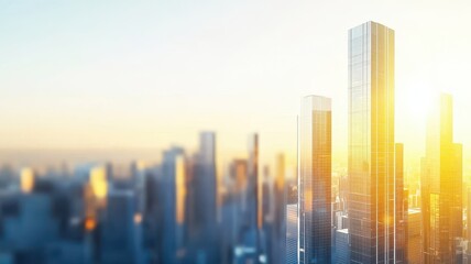 Fototapeta premium Vertical growth strategy improvement concept. Modern skyscrapers gleam in the sunlight against a soft, blurred cityscape backdrop.