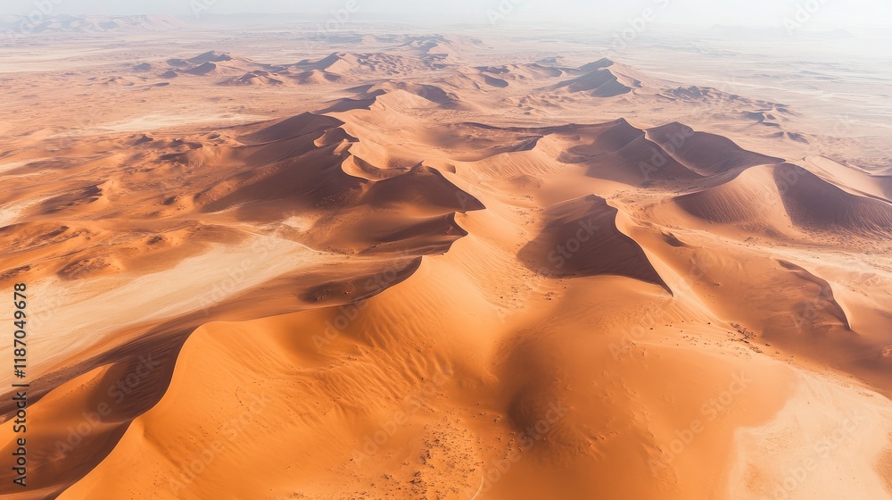Poster aerial perspective of expansive desert terrain showcasing undulating sand dunes with ample empty spa