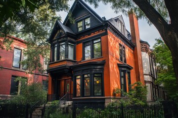 Fototapeta premium Experience the stunning modern architectural beauty of a Victorian house nestled in a historic neighborhood, embraced by vibrant, lush greenery in the bright daylight