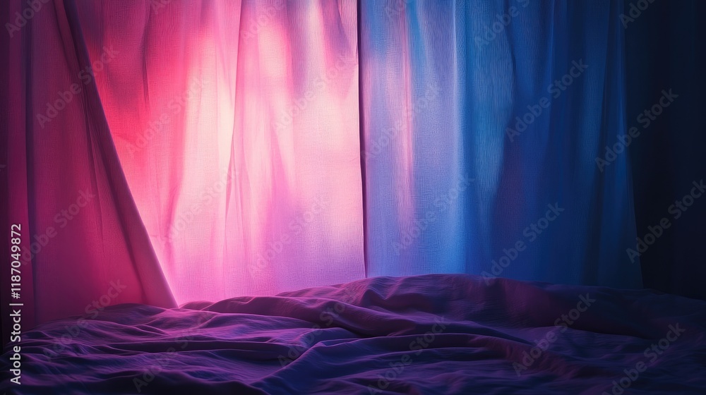 Poster dreamy abstract bedroom with colorful curtains and soft bedding creating a serene atmosphere for mod