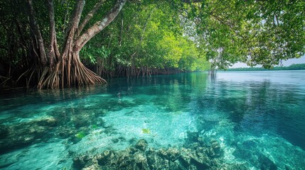 Serene river landscape with lush mangroves and crystal clear waters creating a tranquil natural paradise for eco-tourism and relaxation.