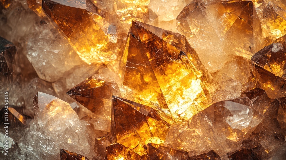 Poster abstract close-up of illuminated golden crystal shards with light reflections and textured surface f