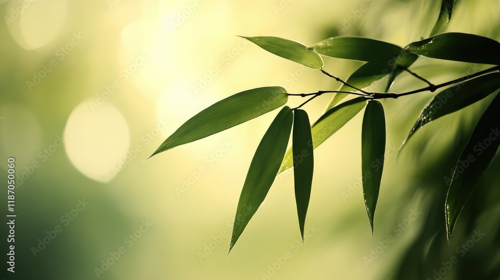 Poster bamboo leaf against soft light with blurred background creating a serene and tranquil atmosphere in 