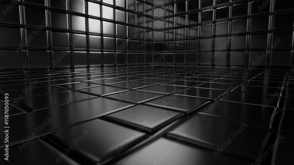 Poster elegant abstract 3d rendering of a glass wall room with a dark floor and optical illusion creating a