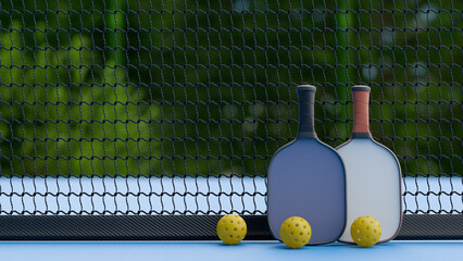 Two pickleball paddles and balls on a court, ready for play. 3d rendering