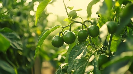 Fototapeta premium Green peppers growing on a plant in sunlight