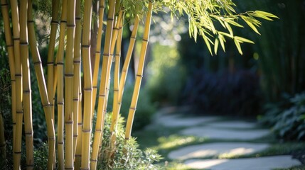 Serene bamboo grove in lush garden with soft sunlight creating a tranquil pathway for relaxation and nature appreciation.
