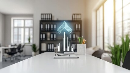 Vertical growth strategy improvement concept. Modern office space with digital chart graphics on a desk showcasing growth and innovation.