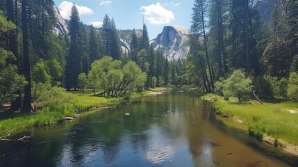 Serene river scene surrounded by lush trees and mountains under a clear blue sky.