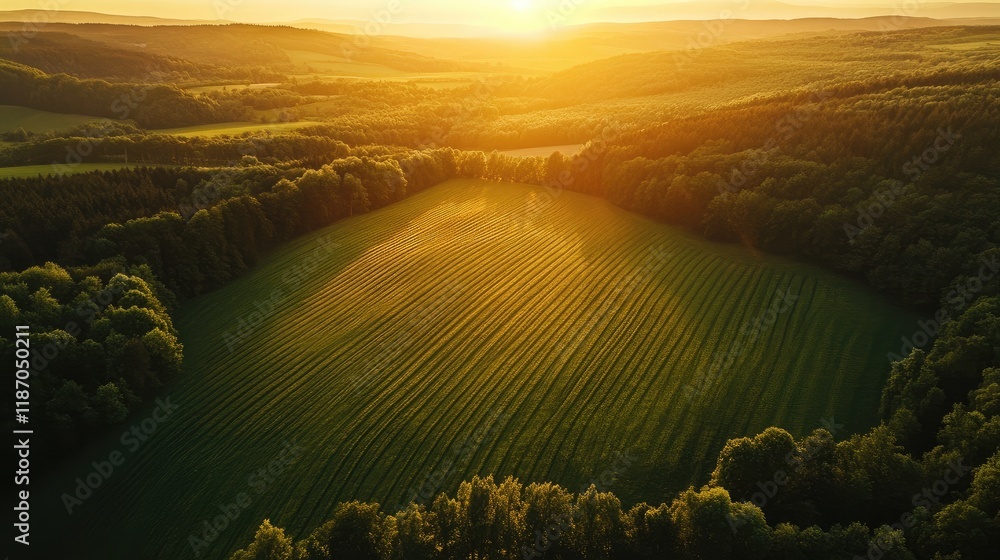 Poster aerial view of lush green fields and forests at sunset with ample space for text placement in a tran