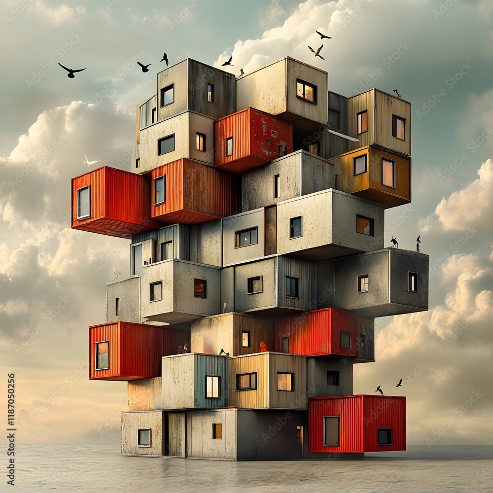 Poster a surreal stack of colorful modular containers resembling a modern architectural structure.
