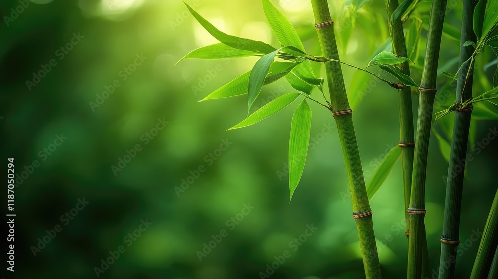 Poster lush bamboo leaves with soft sunlight creating a serene atmosphere in a forest reserve setting showc