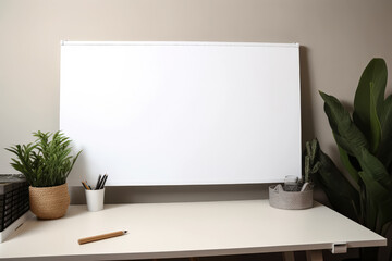 White board sits on a desk with a potted plant and a pen
