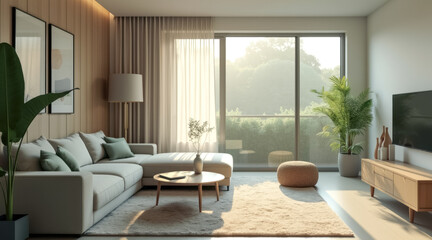 serene modern living room with sectional sofa natural light