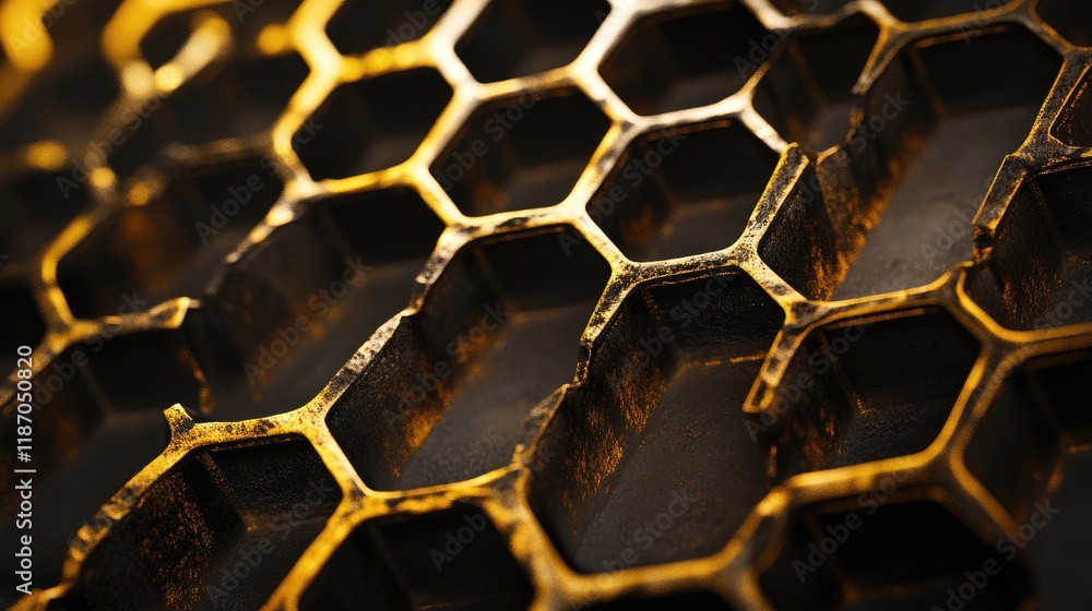 Poster textured honeycomb pattern on a dark background showcasing gold accents for modern abstract design c