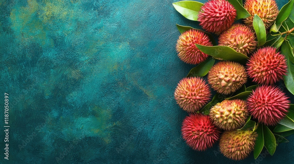 Poster vibrant aerial view of rambutan fruits on textured background with space for copy or design elements