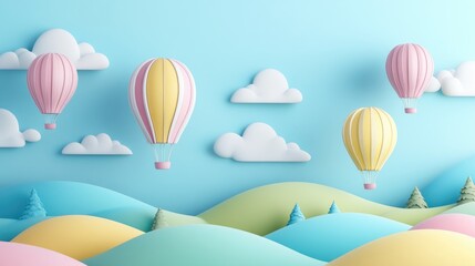Colorful hot air balloons floating over a pastel landscape with clouds and hills in a whimsical and playful design for creative projects.